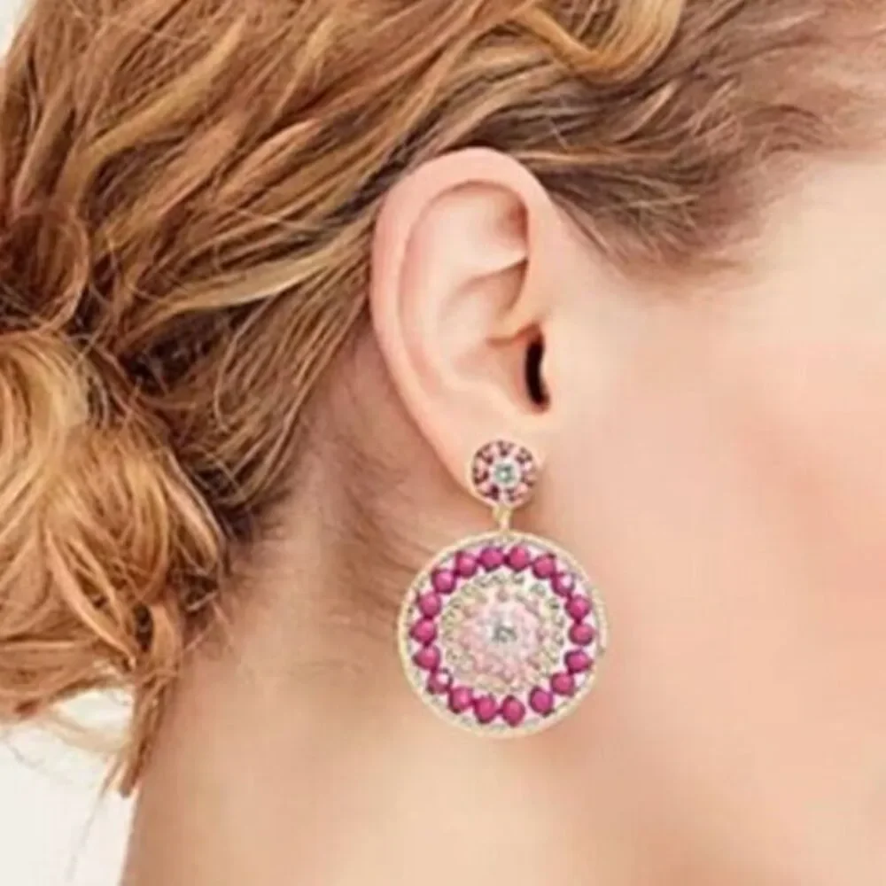 J CREW Women's Beaded Circle Statement Pink Earrings Drop Party Prom